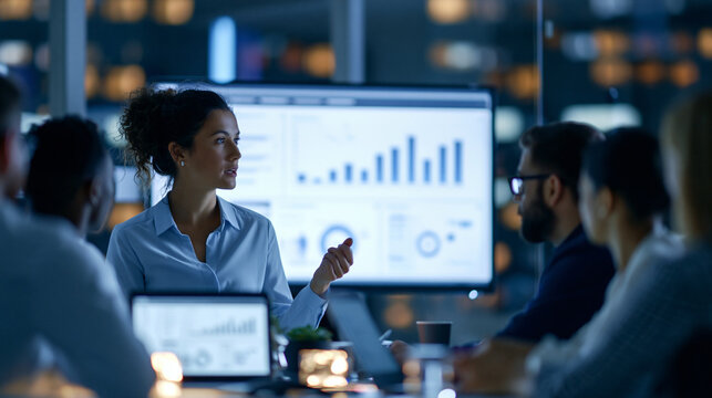 Faceless team holding a night meeting in a glass office where a female manager presents information on a screen while colleagues sit around a table, discuss strategy, review