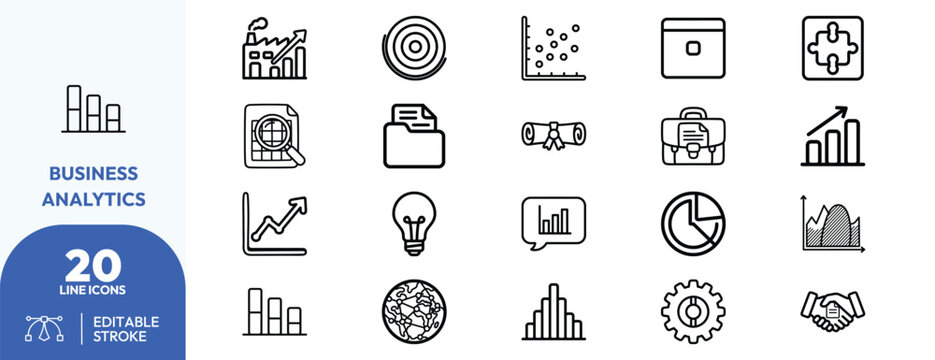 Business Intelligence Metrics icon set. Containing factory growth chart, scatter plot, bullseye , document folder, gear system, upward trend graph. Editable stroke. Vector illustration.