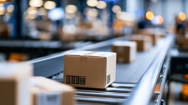 Private and retail parcels navigating an automated conveyor line in a sorting center ready to be delivered, logistics system operation flow and package handling in a warehouse,