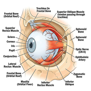 Human eye anatomy, muscles, bones, and optic nerve