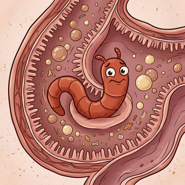 Pink parasitic worm inside human intestine