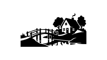 Obraz premium Countryside landscape illustration with a small cottage bridge and trees silhouette
