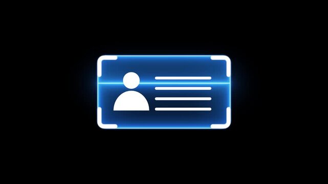 Animation of line Identification card volunteer icon on black background with alpha channel. Blue neon personal data files or id cards concept with scan up to down animation.