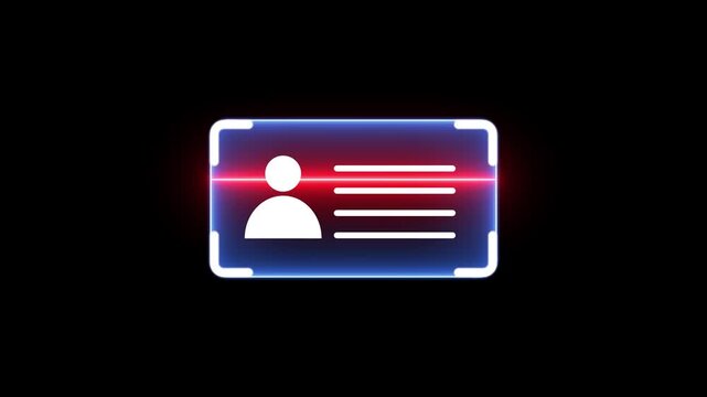 Animation of line Identification card volunteer icon on black background with alpha channel. Red neon personal data files or id cards concept with scan up to down animation.