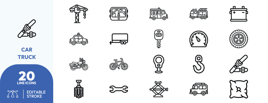 Roadside Assistance Tools icon set. Containing tow crane, car battery, wrench, jack, spark plug, car keys, speedometer, tire, hook. Editable stroke. Vector illustration.