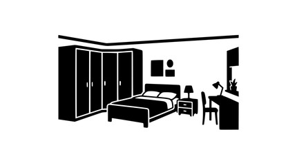 Fototapeta premium Modern Bedroom Interior with Furniture Silhouette Illustration