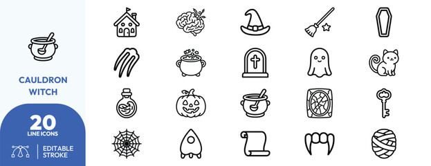 Naklejka premium Occult Ritual Symbols icon set. Containing haunted house, brain, ghostly figure, spiderweb, potion bottle, tombstone, black cat, cauldron. Editable stroke. Vector illustration.