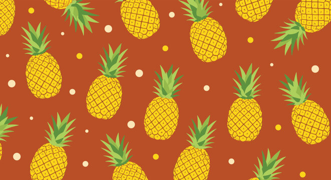 Vibrant tropical seamless pattern featuring whole pineapples and white dots scattered over a warm orange-brown background.