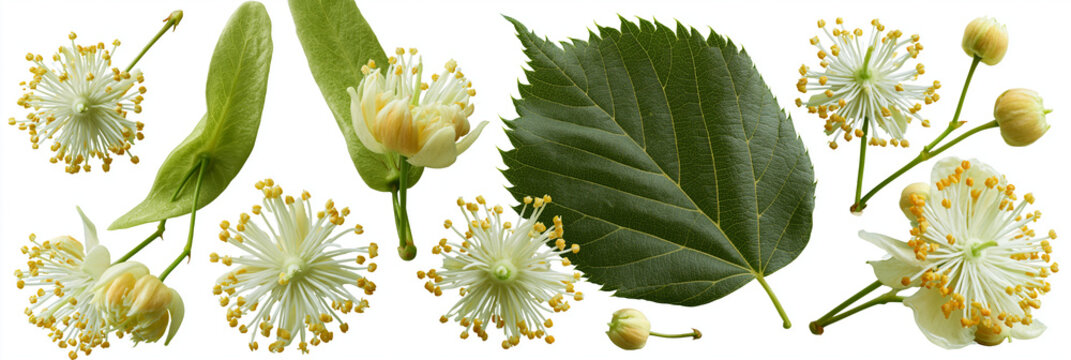 Delicate linden flowers and leaves beautifully arranged on a white background.