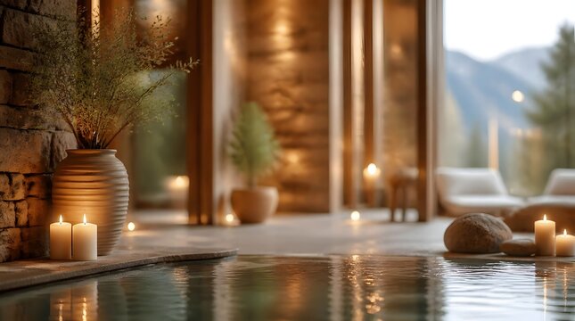 Cozy luxury spa pool with candles and wooden interior.