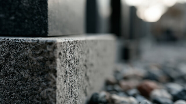 Close-up of textured stone blocks in an outdoor setting with blurred background.
