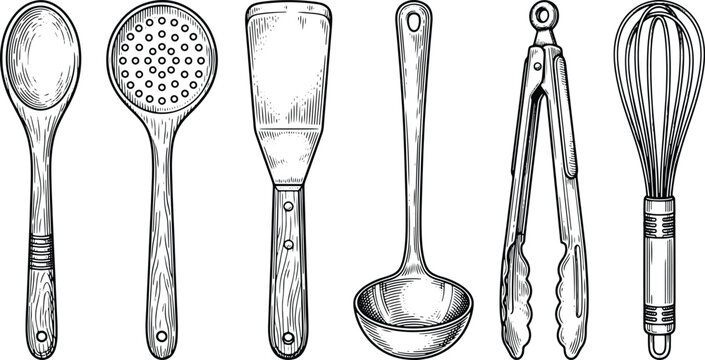 Vintage engraved kitchen utensils collection featuring spoon skimmer spatula ladle tongs and whisk