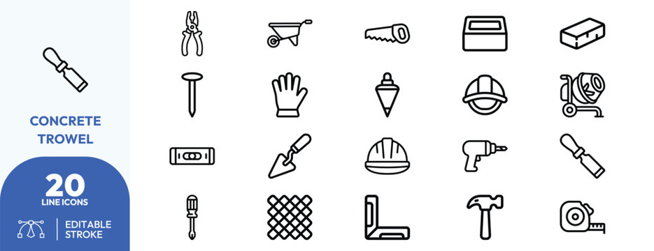Construction Utility Tools icon set. Containing pliers, nail, hand, screwdriver, hammer, mesh grid, concrete block, wheelbarrow, screed board, spirit level. Editable stroke. Vector illustration.