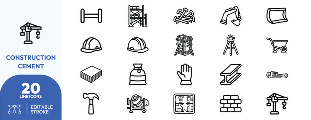 Naklejka premium Worksite Safety Essentials icon set. Containing hard hat, safety gloves, survey tripod, excavator bucket, steel beam, nail bundle, wheelbarrow, scaffold plank. Editable stroke. Vector illustration.