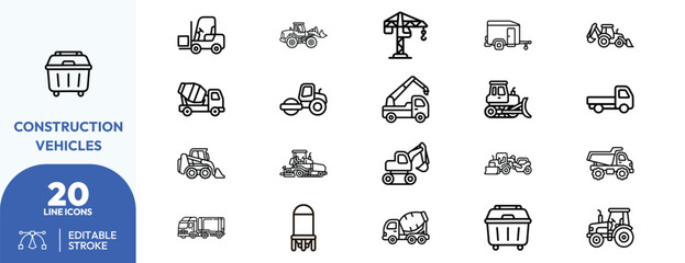 Heavy Construction Vehicles icon set. Containing forklift, bulldozer, crane, cement mixer, dump truck, excavator, road roller, wheel loader, portable concrete. Editable stroke. Vector illustration. © khopidd232
