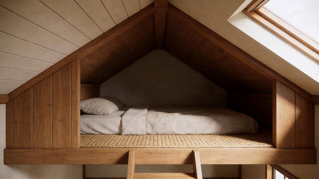 Cozy attic bedroom with wooden loft bed