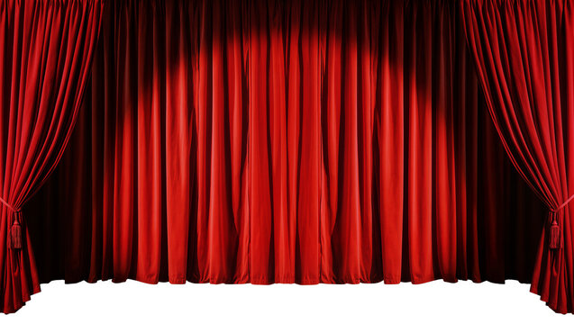 Luxurious red velvet theater curtains with tassels, isolated on transparent background