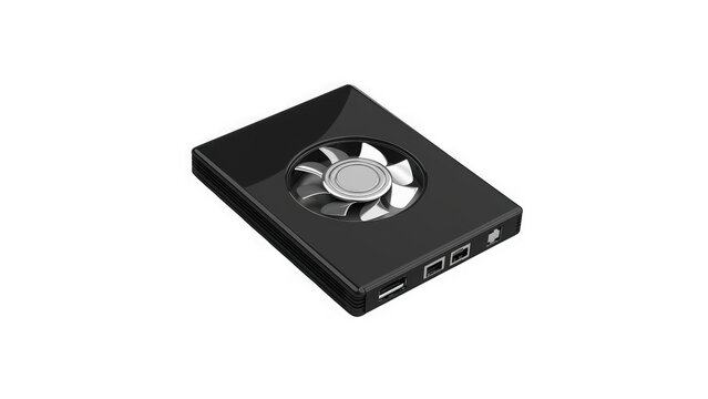 Black sleek mini computer server hardware with integrated cooling fan and multiple connectivity ports presented on transparent background