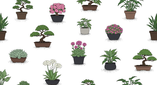 Seamless pattern of various indoor plants in colorful pots including bonsais succulents and flowering plants on a plain white background.