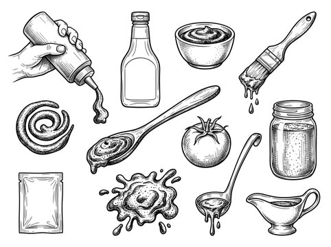 Hand draw bbq sauce bottle, bowl, and condiment icon set, black ink sketch vector isolated on white background