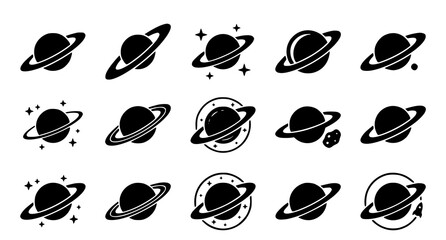 Planet saturn icon set diverse silhouettes with rings and sparkles for space themed designs © aliful