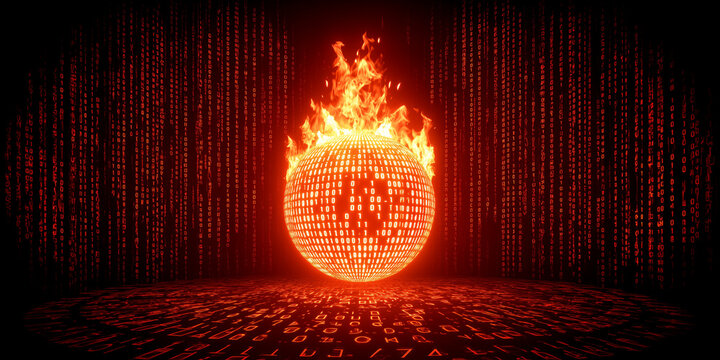 Digital globe enveloped in flames representing cybersecurity threats and data privacy challenges in the modern world