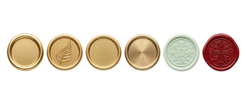 Assortment of six round wax seals in gold, white, and red with intricate designs like fern leaf and floral patterns, symbolizing tradition and elegance, isolated on transparent background.
