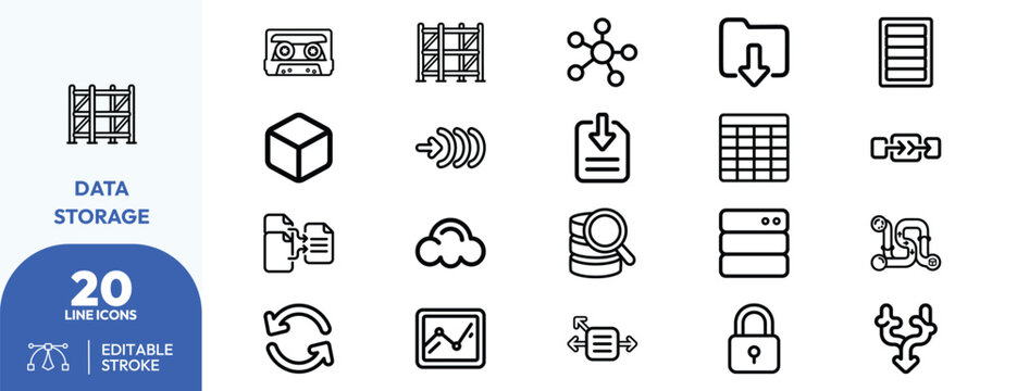 Digital Storage Systems icon set. Containing network nodes, data cube, server rack, file synchronization, cloud storage, database, tape drive, file. Editable stroke. Vector illustration.