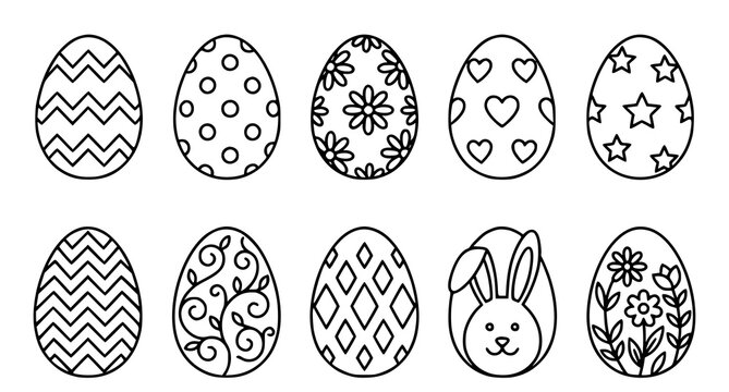 Black and white easter egg collection with floral geometric and animal designs for coloring pages