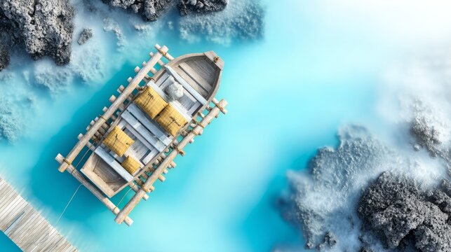 Aerial View of Traditional Balsa Raft on Clear Turquoise Water Surface