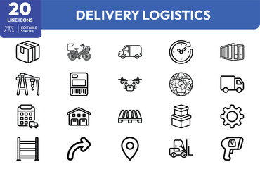 Fototapeta premium Delivery Coordination icon set. Containing delivery truck, bicycle courier, shipping container, clock timer, house, location pin, forklift, pallet stack, curved. Editable stroke. Vector illustration.