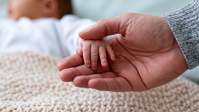 Father Holding Tiny Newborn Baby Fingers in Hospital Room Closeup