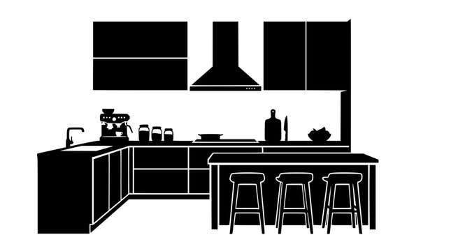 Modern kitchen interior silhouette with island bar stools and appliances