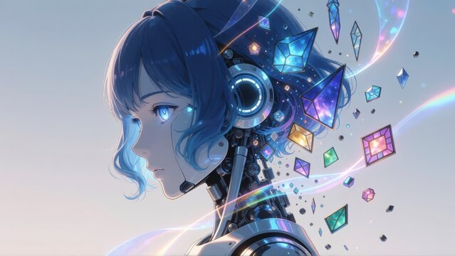 Futuristic Cyborg Woman with Glowing Crystals and Digital Interface in a Surreal Cyberpunk Setting