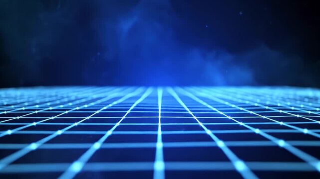 A futuristic digital grid with glowing blue lines stretches into the darkness.