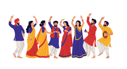 Obraz premium Diverse group of people celebrating and dancing in colorful traditional indian clothing like saris and kurtas on a plain white background.