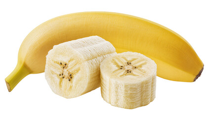 Whole yellow banana with two sliced pieces showing seeds, isolated on transparent background © Veaceslav