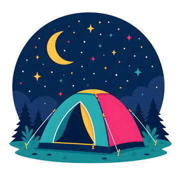 Camping tent under starry night sky, colorful outdoor adventure illustration, flat vector campsite scene with crescent moon and forest trees