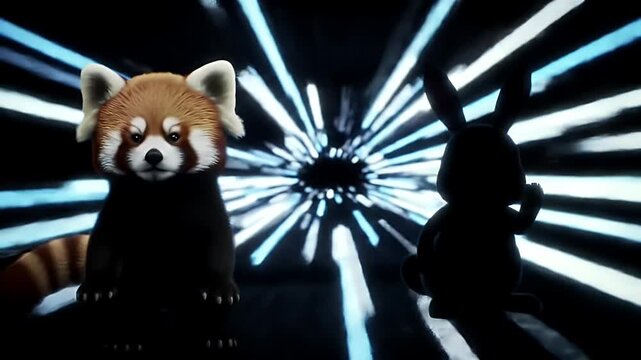 A whimsical 3D render depicts a red panda and a silhouette of a rabbit traveling through a tunnel of light.