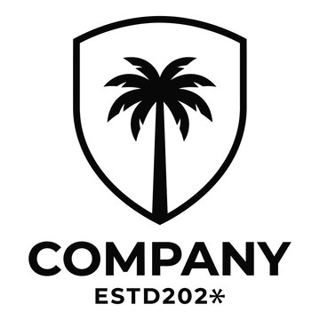 Shield logo with palm tree and company text on white background icon