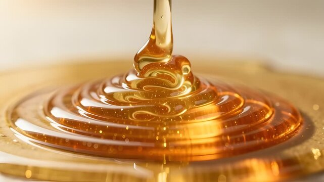 Close-up of golden honey dripping in a spiral pattern