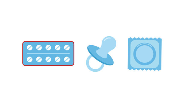 Birth control pills, pacifier and condom Vector