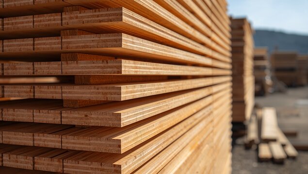 Stacked wooden plywood boards stored outdoors in a sunny lumberyard