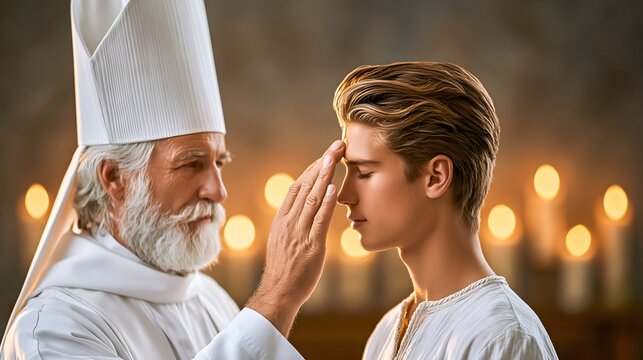 Bishop anointing a confirmand's forehead with chrism oil