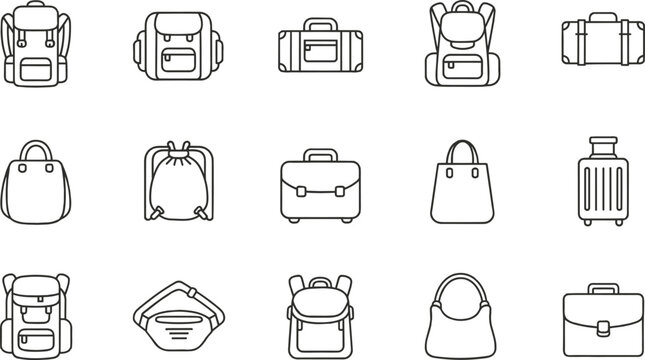 Bag and luggage line icon collection featuring backpack, duffel, handbag, briefcase, drawstring, rolling suitcase, and travel design