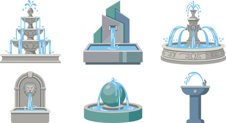 Water Fountain Vector Icon Set Featuring Tiered Stone Basins, Modern Abstract Cascades, Classic Lion Head Wall Spouts, Spheres, and Public Drinking Stations © SARIFA