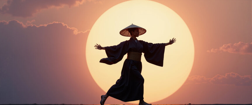 Silhouette of Bon Odori Dancer Against Sun for Travel and Cultural Posters