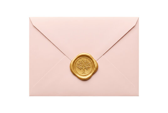 Elegant pale pink envelope sealed with a golden wax seal featuring a tree design, perfect for wedding invitations or special correspondence, isolated on a transparent background.
