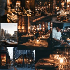 Naklejka premium A collection of cinematic scenes showcasing a cozy restaurant's ambiance, from intimate dining tables to a chef preparing food, and exterior views of the establishment. The warm.