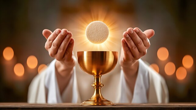 Priest's hands elevating a communion host above a golden chalice